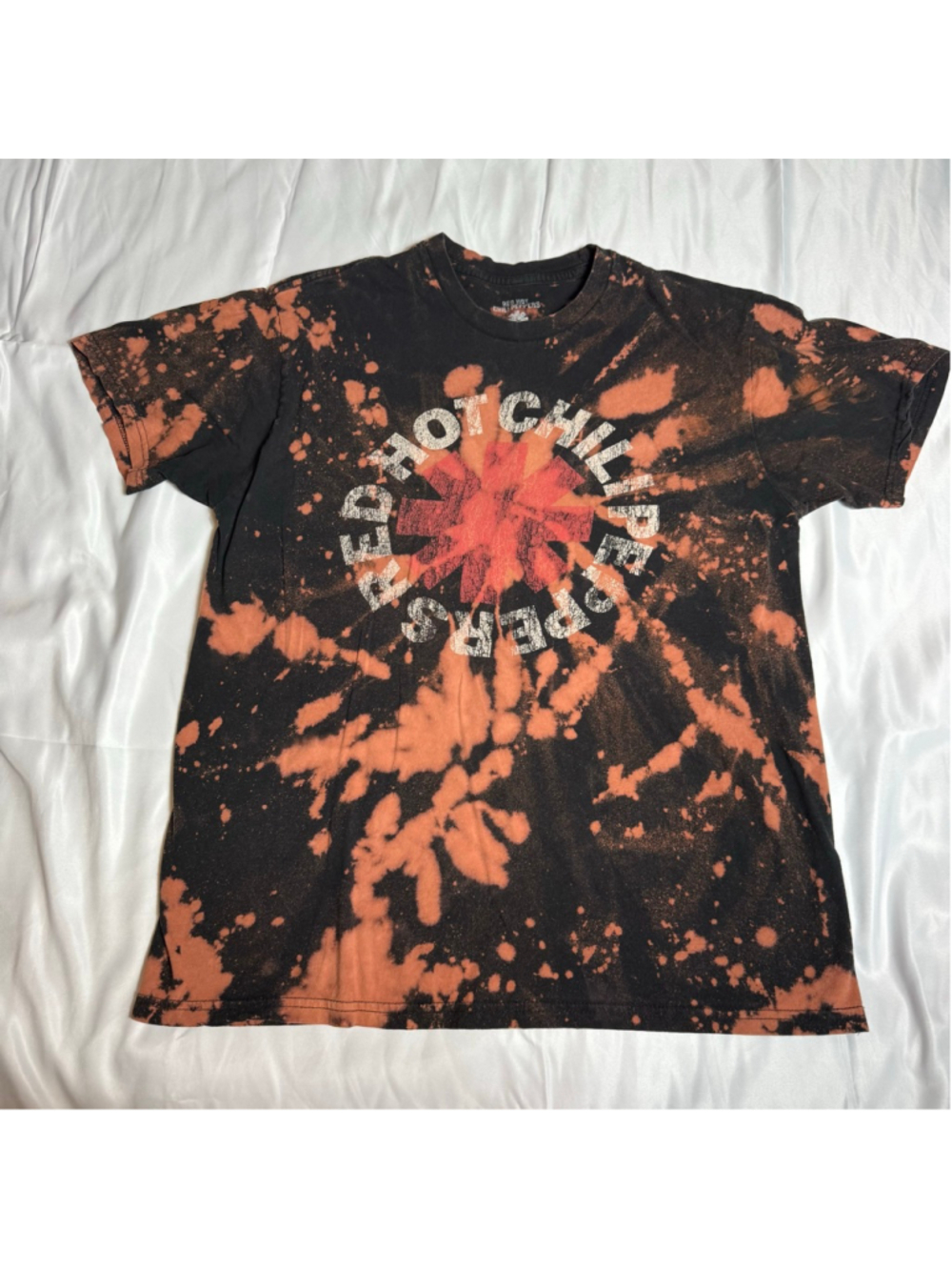 Men's Red Hot Chili Peppers Bleach Tie-Dye Short Sleeve Tee L Black Orange